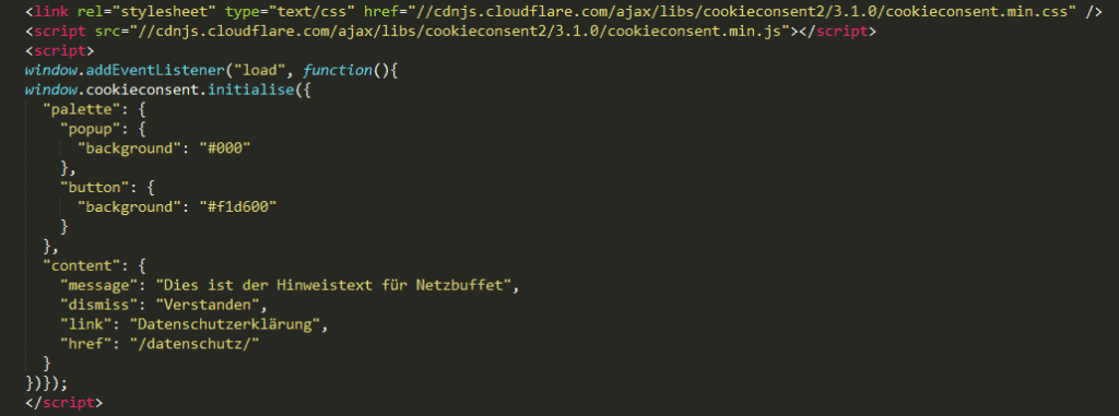 Code für die Cookie-Leiste in WordPress